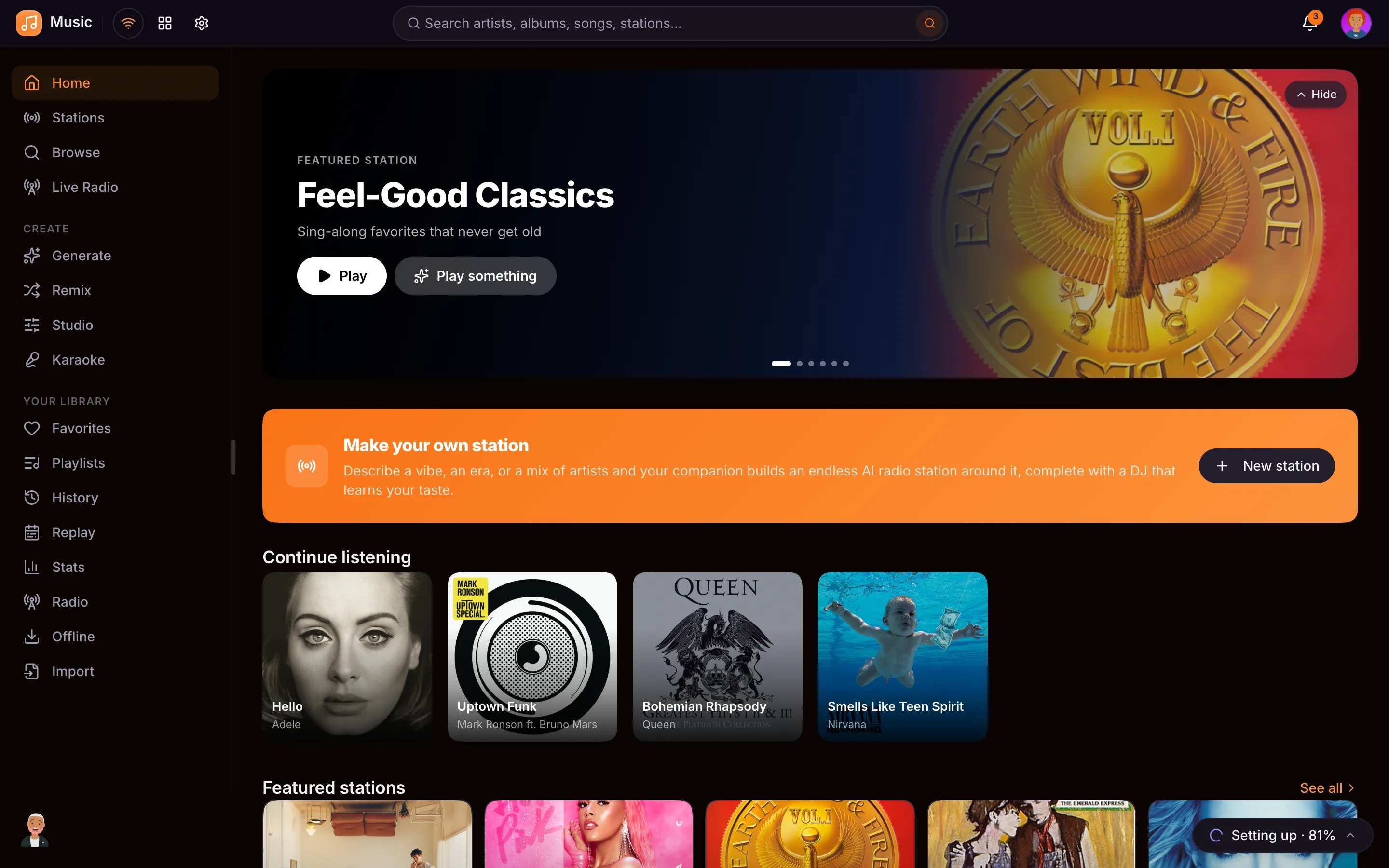 The Music app home